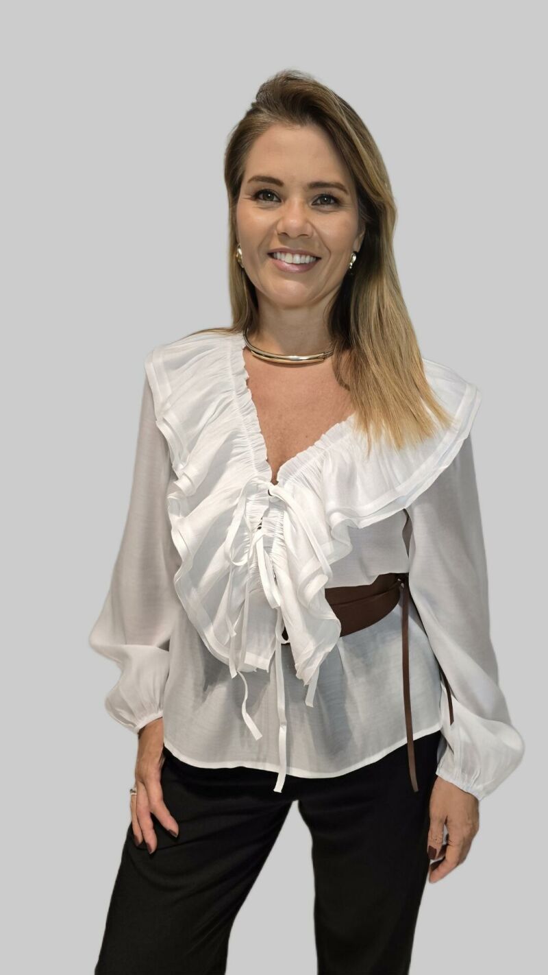 Imagem de Camisa Lua – Branca, Manga Longa em Viscose com Babados e Amarração | Estilo Boho Chic
